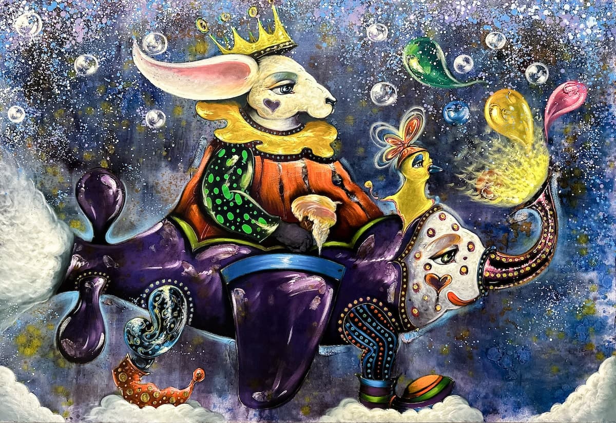 Galactic Ride II by Nino Magaña, oil on canvas surrealist painting at El Dorado Gallery