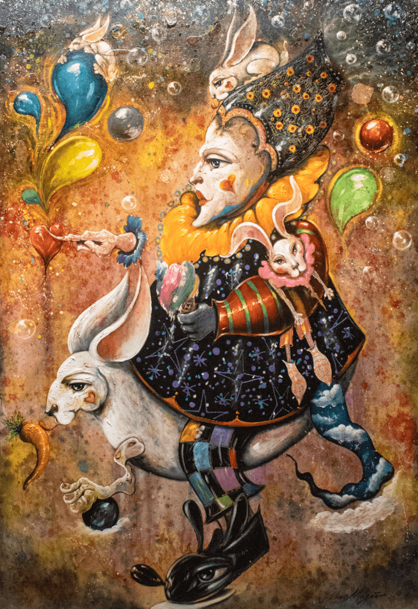 Rabbit With Father Magician (Conejo con Padre Mago) by Nino Magaña, oil on canvas surrealist painting at El Dorado Gallery