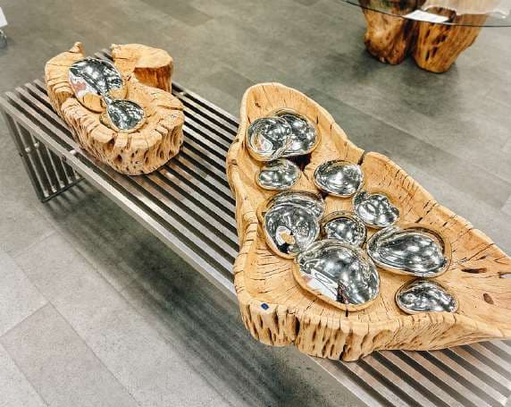 Cactus wood planter filled with mercury blown glass stones