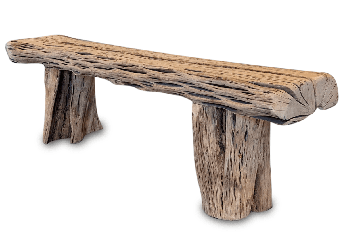 Rustic carved wood bench from the gallery's home decor collection